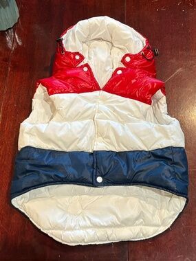 Red White and Blue Dog Puffer Coat with Hood Drawstrings and Snap Closure